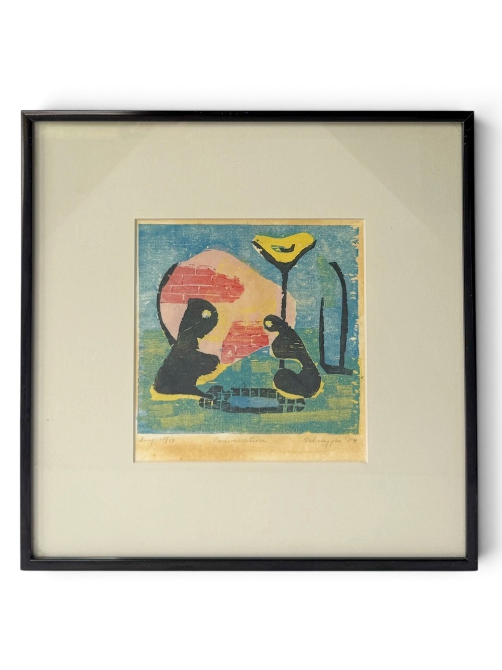 Vintage Mid Century 1954 Woodblock Print Original Abstract Figures Framed Signed
